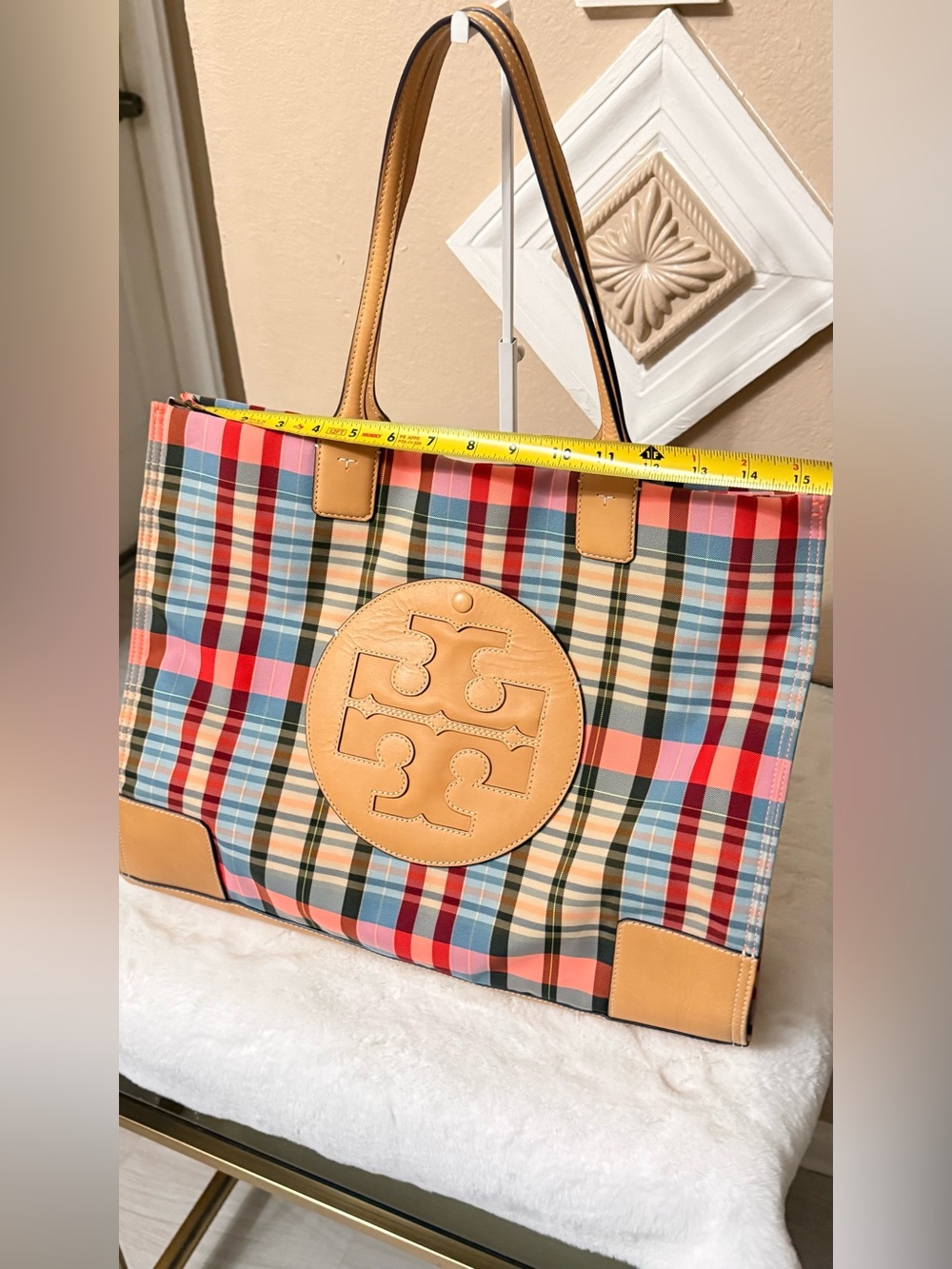 Tory Burch Multicolor Plaid Tote with Tan Leather Trim - Picture 6 of 13